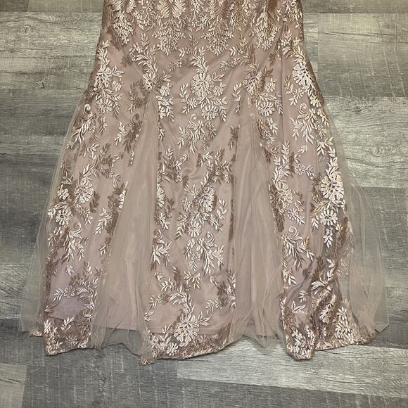 Brianna Women's Plus Size Pink Floral Embroidered Cap Sleeved Gown with Mesh - Picture 10 of 12